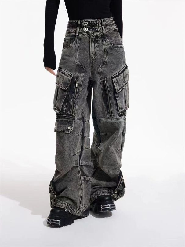 Men's Clothing Retro Distressed Washed Pocket Casual Overalls Design Straight Wide Leg Stacked Jeans_viptrois.com
