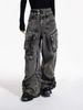 Men's Clothing Retro Distressed Washed Pocket Casual Overalls Design Straight Wide Leg Stacked Jeans_viptrois.com