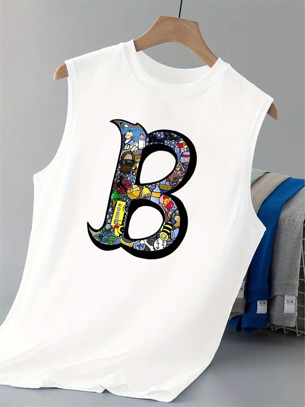 100% Pure Cotton Men's Summer Casual Sports Fitness Loose Letter B Pattern Printed Breathable Round Neck Sleeveless Vest_viptrois.com