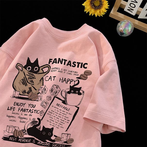 Neue Männer Frauen T Shirt Pullover Oversize Koreanische Version Cartoon Katze Gruppe Gedruckt T-Shirt Casual Kurzarm Paare T-Shirt_viptrois.com