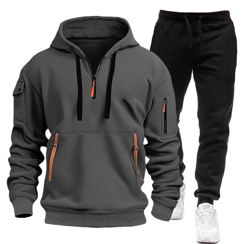 Men's Zip-Up Hoodie Set With Utility Pockets & Detachable Straps – Winter Streetwear Joggers & Jacket (S-3XL, 92% Polyester, Unisex Athleisure)_viptrois.com