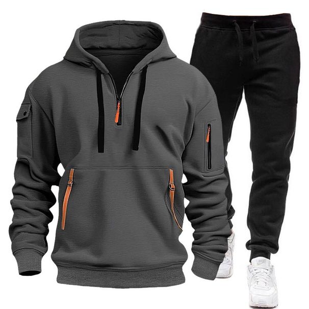 Men's Zip-Up Hoodie Set With Utility Pockets & Detachable Straps – Winter Streetwear Joggers & Jacket (S-3XL, 92% Polyester, Unisex Athleisure)_viptrois.com