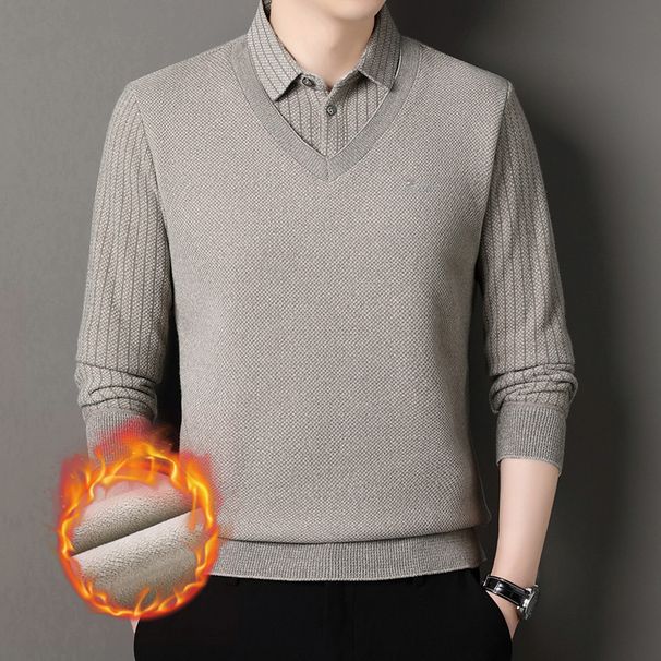 Autumn Winter Fleece Lined Thickened Turn-down Collar Two-piece Men's Business Casual Warm Base Loose Striped Polo_viptrois.com