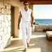 Men's Linen Blend Asymmetrical Button Shirt With Trousers Set, Breathable Cotton-Like Summer Outfit For Casual Wear, Sizes S To Xxxl_viptrois.com