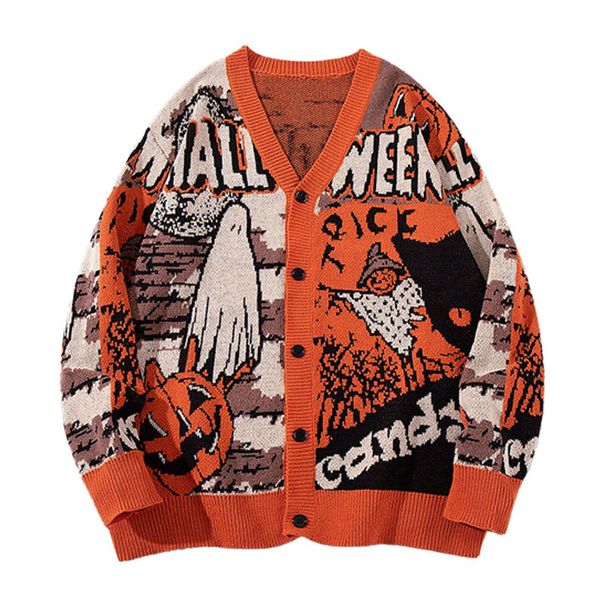 Men's Clothing Halloween Themed Evil Pumpkin Jacquard V Neck Knitted Cardigan, Trendy, Fashionable, And Loose Fitting Sweater_viptrois.com