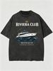 Vintage Washed T-Shirt, Men's Retro Yacht & Ocean Wave Graphic, Luxury Nautical Style, Casual Loose Street Tee_viptrois.com