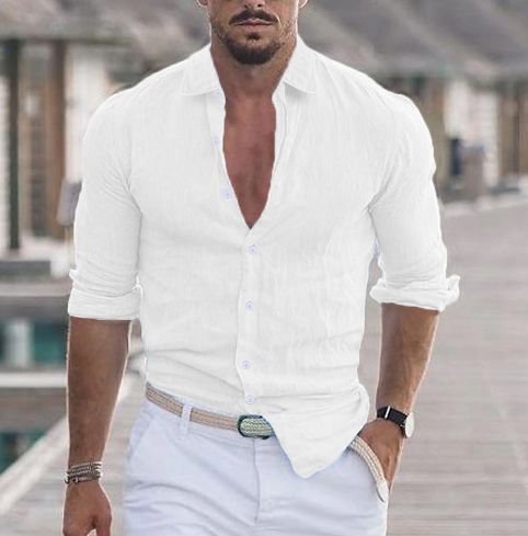 Men's Clothing 2025 New Solid Color Linen Stand Collar Cardigan Long Sleeve Loose Men's Shirt_viptrois.com