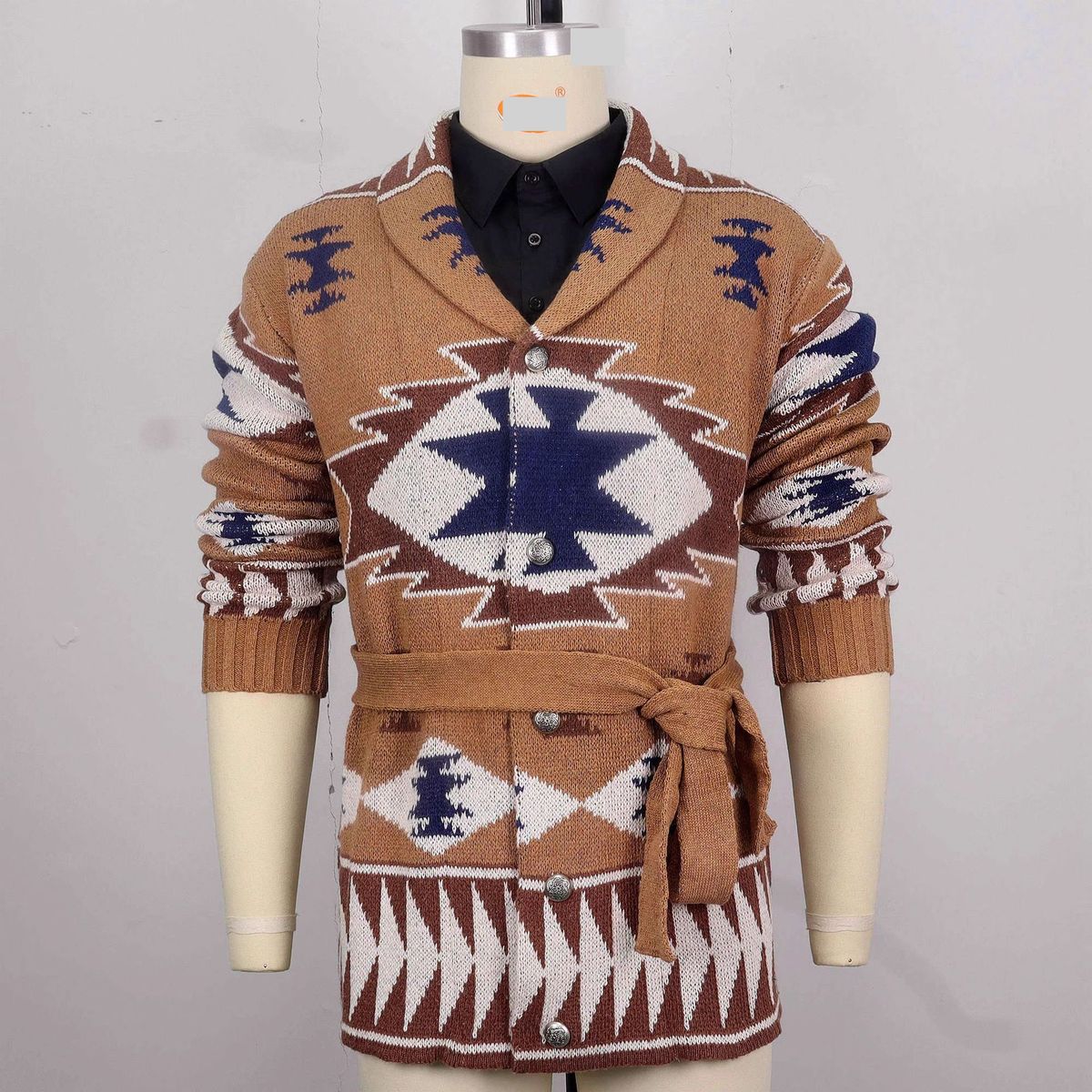 Men's Heavyweight Jacquard Knit Cardigan - Winter Warm Open Front Sweater With Belt, Casual Streetwear For Fall & Winter_viptrois.com
