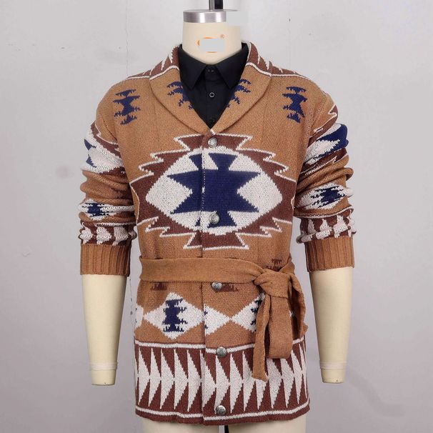 Men's Heavyweight Jacquard Knit Cardigan - Winter Warm Open Front Sweater With Belt, Casual Streetwear For Fall & Winter_viptrois.com