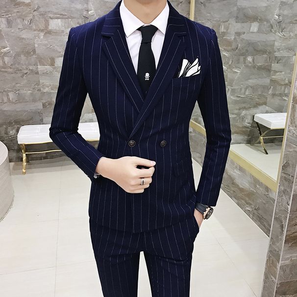 Men's suit fashion classic striped business casual slim formal dress suit vest vest trousers three-piece set_viptrois.com