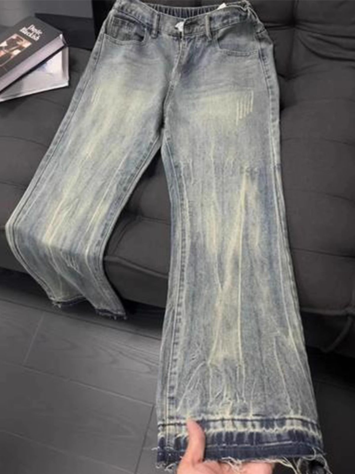 Retro Cat Scratch Jeans For Men – Lightweight Summer Denim, Slim Fit With Flared Straight Leg, High Street Style_viptrois.com
