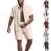 Men's Summer Casual Short-Sleeved Shirt Outdoor Beach Waffle Contrast Color American Style Short-Sleeved Suit Set_viptrois.com