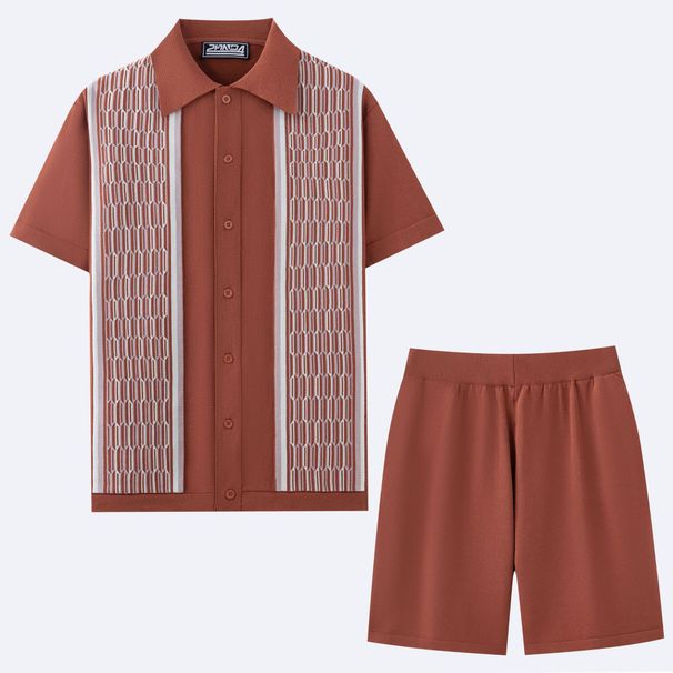 Men's Clothing Men's Cool Silk Jacquard Two Piece Knitted Sweater Casual Polo Shirt Suit_viptrois.com