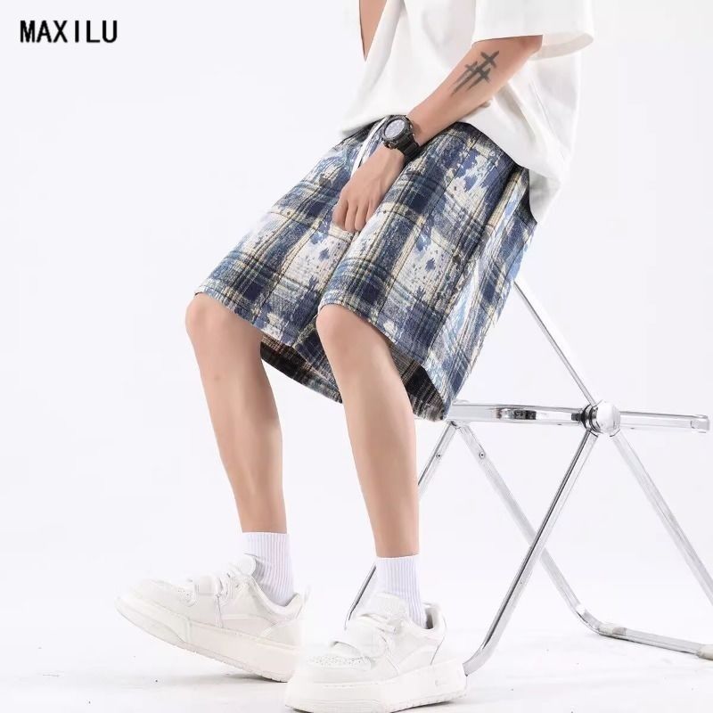 Men's Retro Casual Tie Dye Plaid Shorts Summer High Street Fashion Loose Five Point Beach Shorts Trendy Versatile_viptrois.com