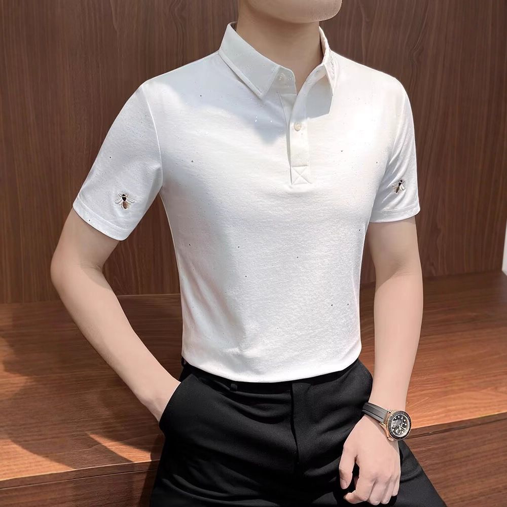 Men's Embroidered Lapel Polo Shirt, Summer Short Sleeve Rhinestone T-Shirt, Slim Fit Breathable Top, Korean Style Fashion Casual Tee_viptrois.com