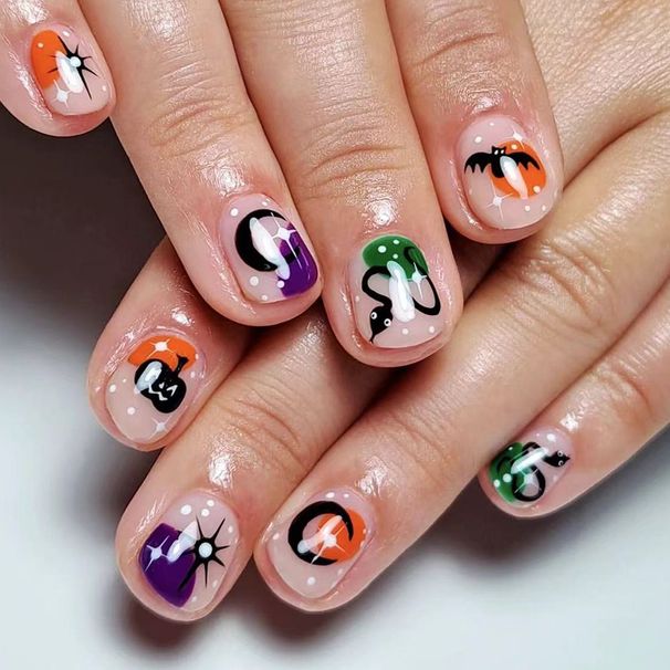 Short Glow Face Halloween Black Pumpkin Bat Snake Light Powder 20.24 million Holy Day Nail Art New Wear Armor 24 Pieces_viptrois.com