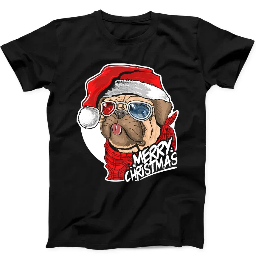 Pug Puppy Dog Santa Claus Christmas Cute Face Present Gift Tee Black T Shirt Mens Womens Tees Top 119_viptrois.com