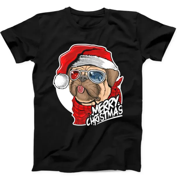 Pug Puppy Dog Santa Claus Christmas Cute Face Present Gift Tee Black T Shirt Mens Womens Tees Top 119_viptrois.com