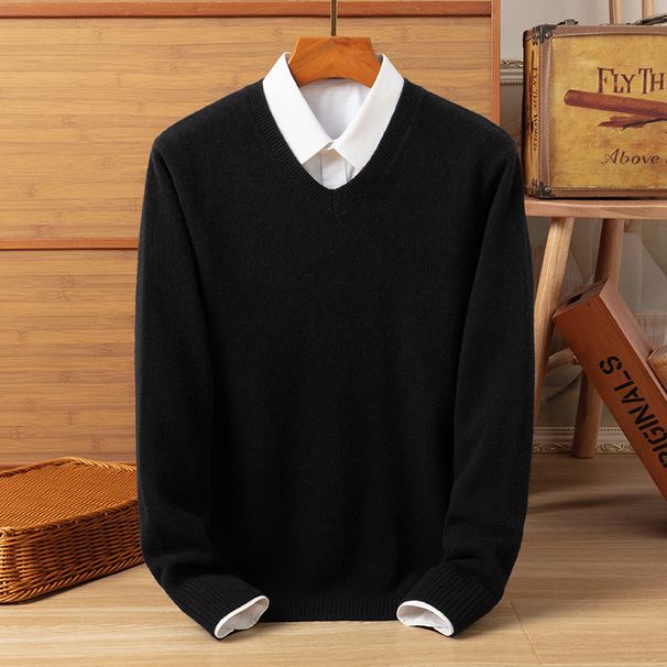 Men's Winter Fine-Knit V-Neck Sweater - Thick Wool Blend Pullover For Cold Weather (Classic Solid Color)_viptrois.com