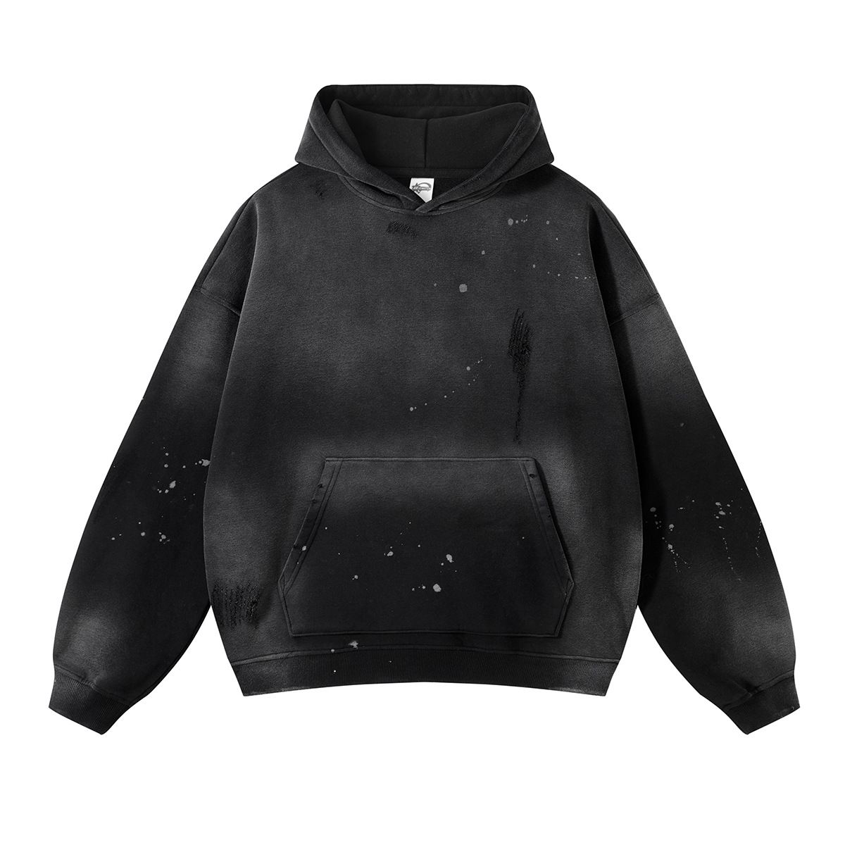 Distressed Gradient Hoodie – Vintage Washed Cotton Pullover With Raw Hem & Patch Pockets, Streetwear Unisex Oversized Fit_viptrois.com