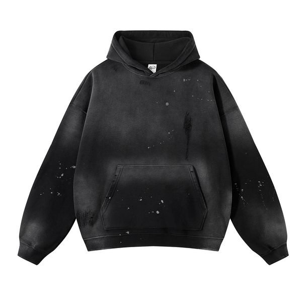 Distressed Gradient Hoodie – Vintage Washed Cotton Pullover With Raw Hem & Patch Pockets, Streetwear Unisex Oversized Fit_viptrois.com