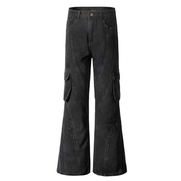 Men's Flared Jeans With Multiple Pockets, Design Sense, Deconstructed, Distressed, Washed, Casual Workwear, Long Pants,_viptrois.com