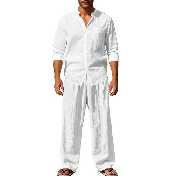 2025 Cross-border American-style Four-season Linen Men's Casual Loose Breathable Long-sleeve Long-pants Shirt Beach Suit_viptrois.com