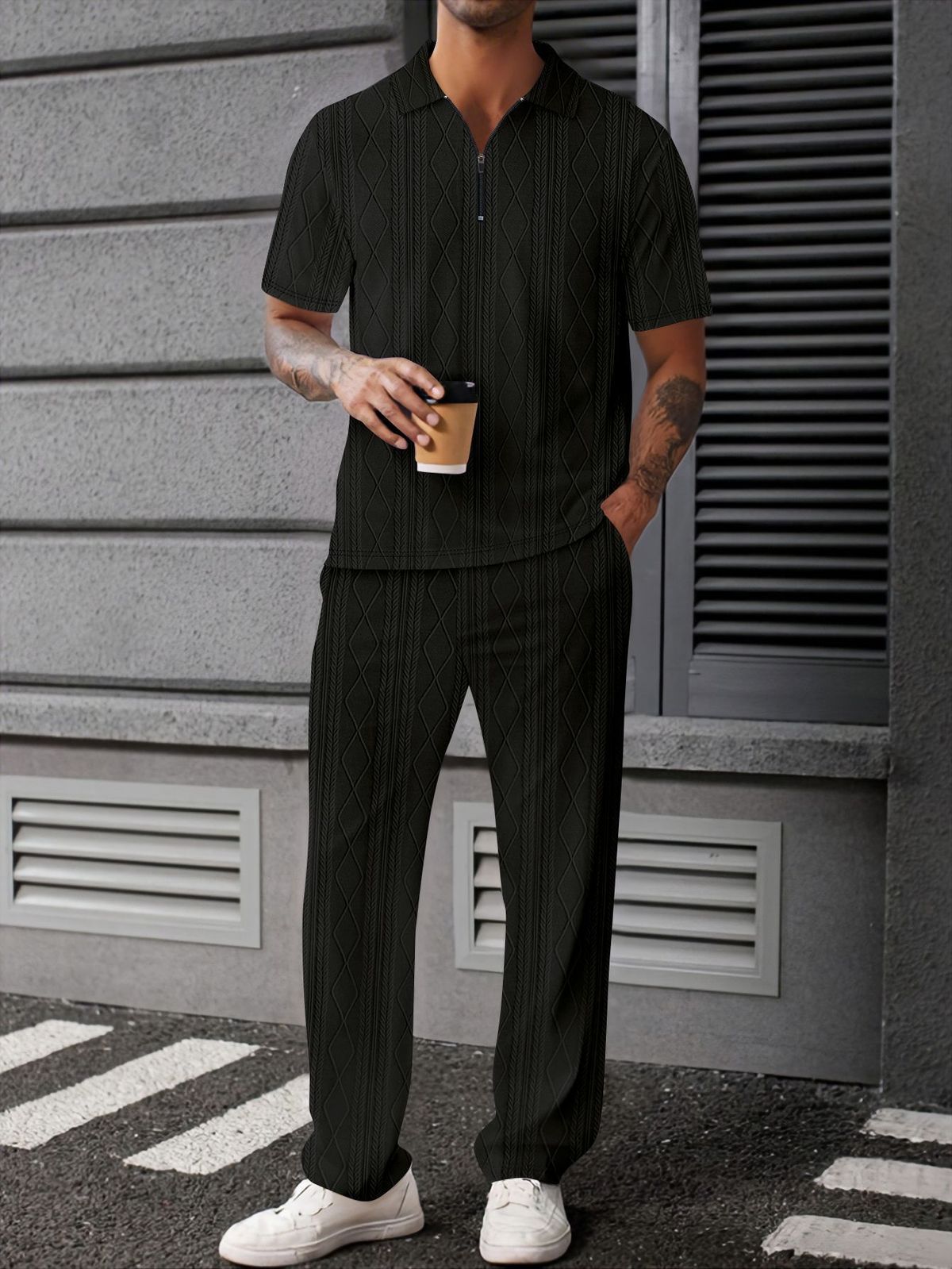 Texture Knitted Polo Shirt Men's Short Sleeved Trousers Suit Two Piece Set_viptrois.com