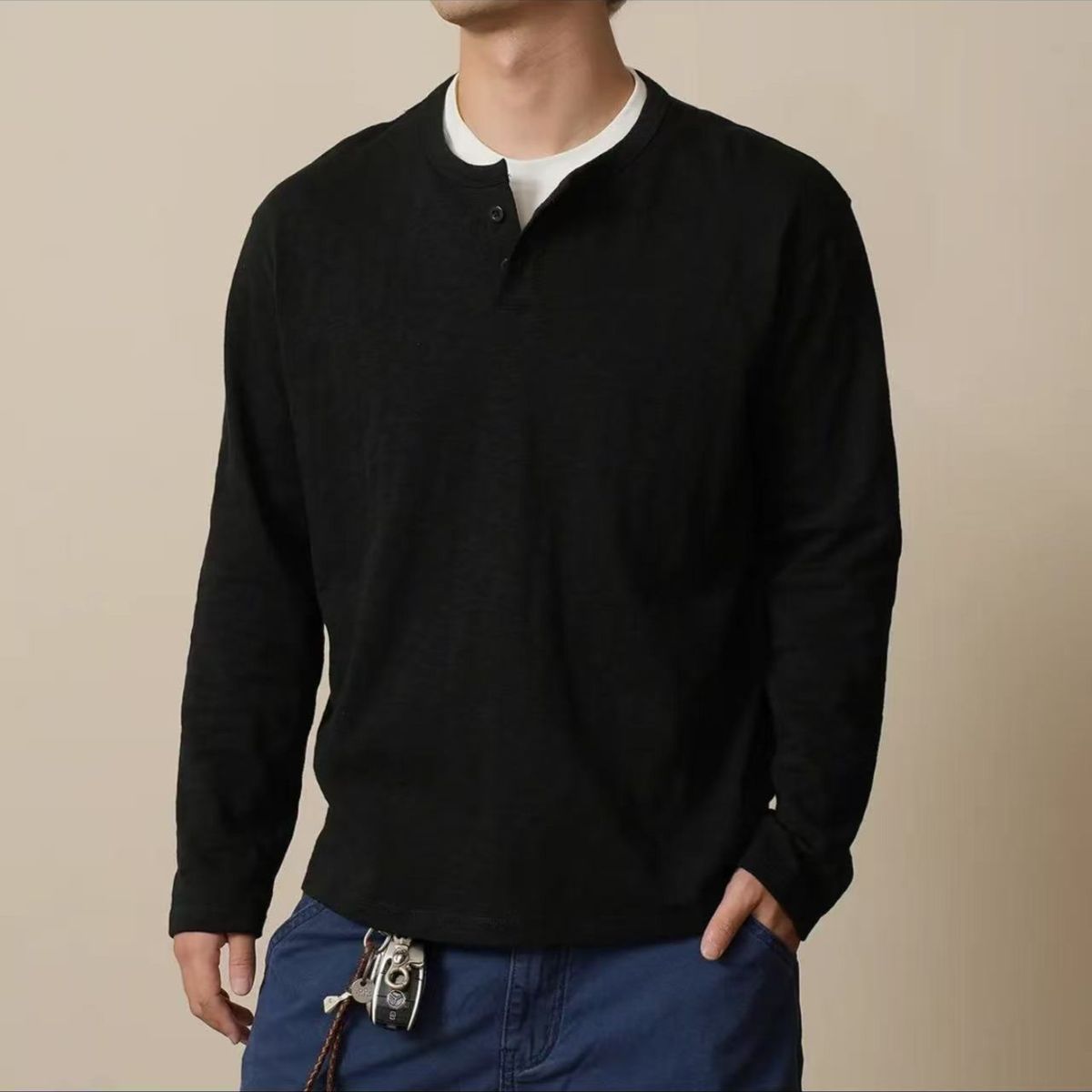 High-Quality Design Sense Henry Two-Piece Long Sleeve T-Shirt Men's Autumn Base Shirt Casual Versatile Top Simple_viptrois.com