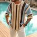 YMY Men's/2025 Autumn Loose Round Neck Mid Sleeve Men's Plus Size Striped Knit Sweater_viptrois.com