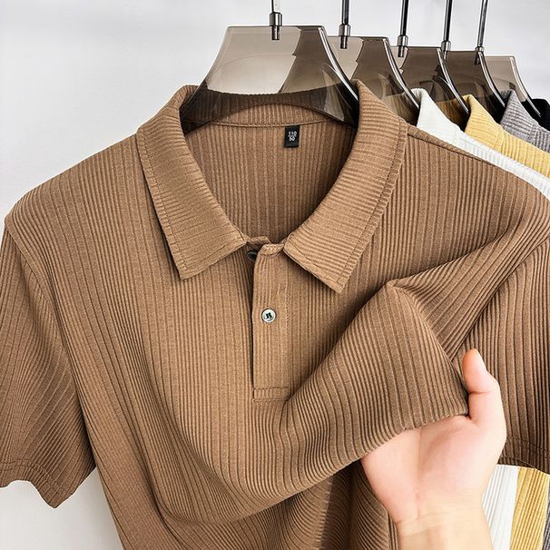 Men's Vertical Striped Knit Polo Shirt Old Money Style Short Sleeve Summer Thin Breathable T-Shirt Versatile Half Sleeve Top_viptrois.com