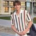 American Contrasting Stripes Hollowed-out Knitted Polo Shirt Short-sleeved Men's Summer High-end Loose Casual Stacked Collar T-shirt_viptrois.com
