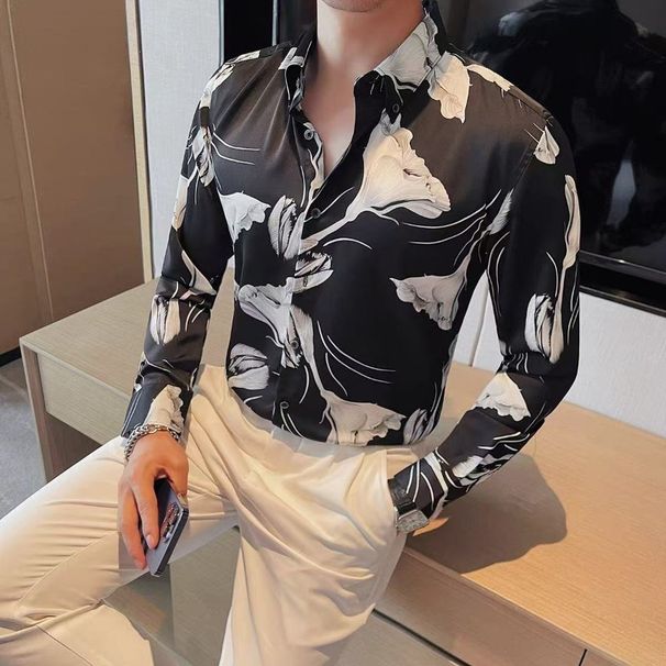 Men's Light Luxury Long Sleeved Floral Shirt Fashionable Casual Trend Slim Fit Handsome Drape Shirt_viptrois.com