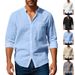 Men's Clothing Linen Shirt Long Sleeved Stand Up Collar Breathable Casual Pocket Shirt_viptrois.com