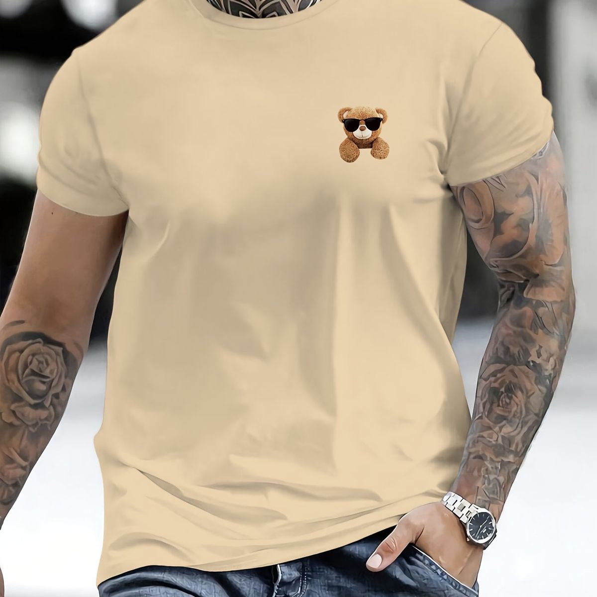 100% Pure Cotton Men's Summer Fashionable Short Sleeved Teddy Bear Pattern Printed Casual Slim Fit Versatile Top_viptrois.com