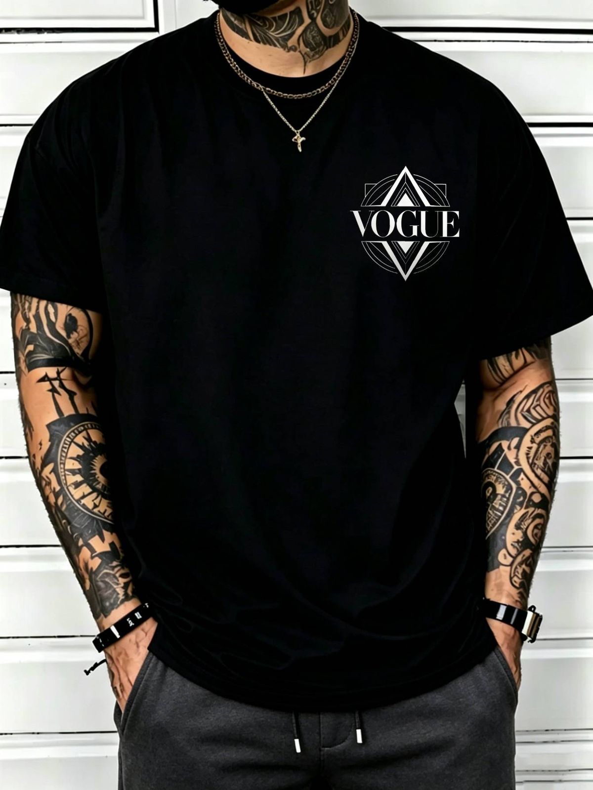 100% Cotton Men Casual T-shirt Geometric Framed VOGUE Text Print Crew Neck Short Sleeve Daily Streetwear Top_viptrois.com