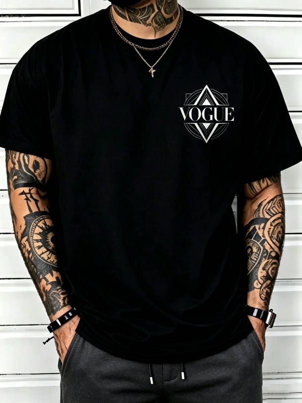 100% Cotton Men Casual T-shirt Geometric Framed VOGUE Text Print Crew Neck Short Sleeve Daily Streetwear Top_viptrois.com