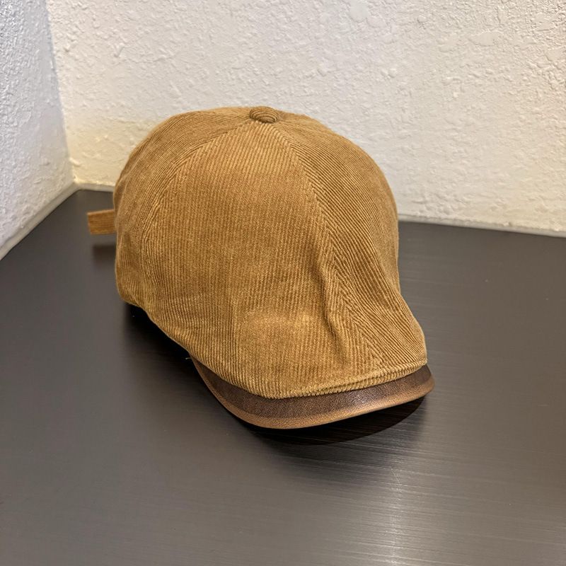 Women's Hats Retro Solid Color Corduroy PU Forward Hat Autumn And Winter Men And Women Simple Street All Match Duckbill Beret Trend_viptrois.com