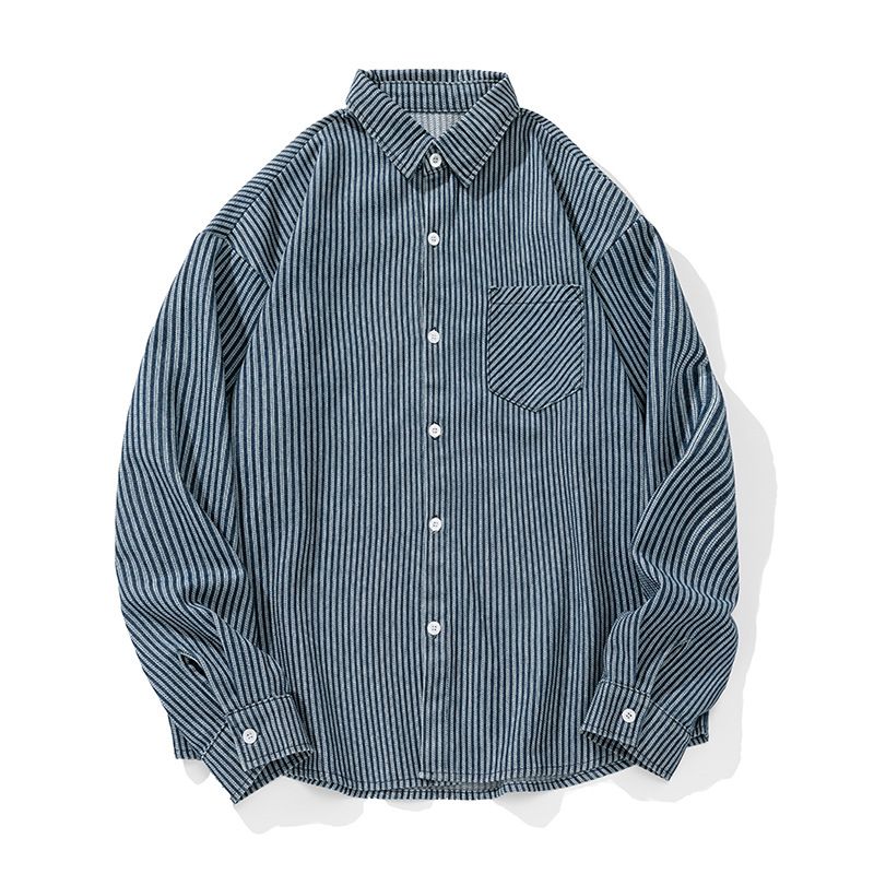 Men's Clothing Retro Washed Denim Striped Long Sleeved Shirt Spring Style Back Stitching Design Loose Casual Shirt_viptrois.com