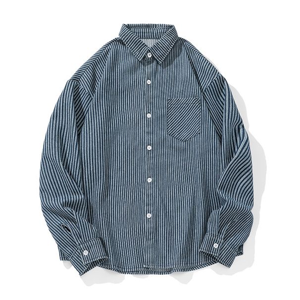 Men's Clothing Retro Washed Denim Striped Long Sleeved Shirt Spring Style Back Stitching Design Loose Casual Shirt_viptrois.com