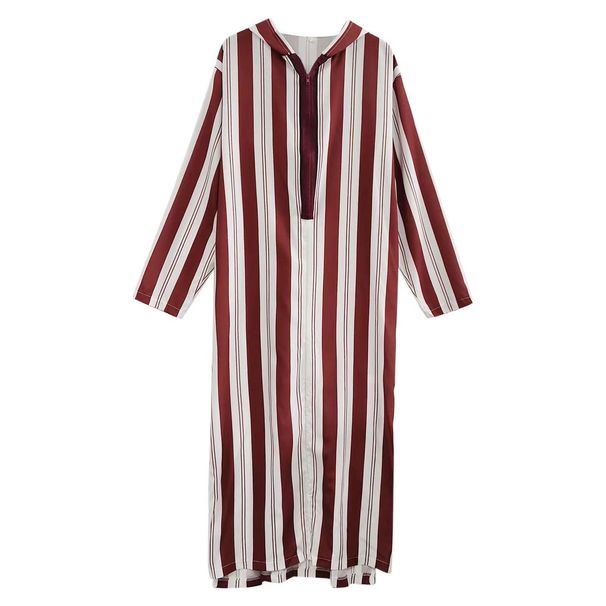 Men's Clothing ethnic style men's clothing 2024 autumn new color matching striped long Muslim robe hoodie_viptrois.com