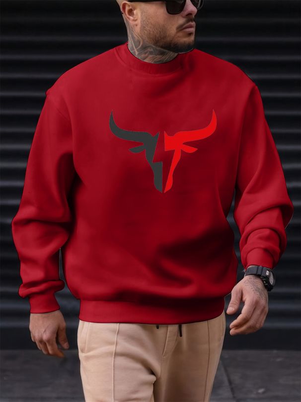 Men's Loose Casual Fashionable Classic Cow Head Pattern Printed Round Neck Long Sleeved Sweatshirt Suitable For Autumn And Winter Wear_viptrois.com