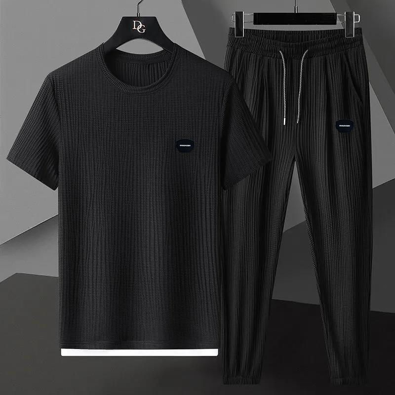 Men's Summer High-End Ice Silk Sports Suit Short-Sleeved Pleated Trousers Two-Piece Casual Leisure Suit For Holiday_viptrois.com