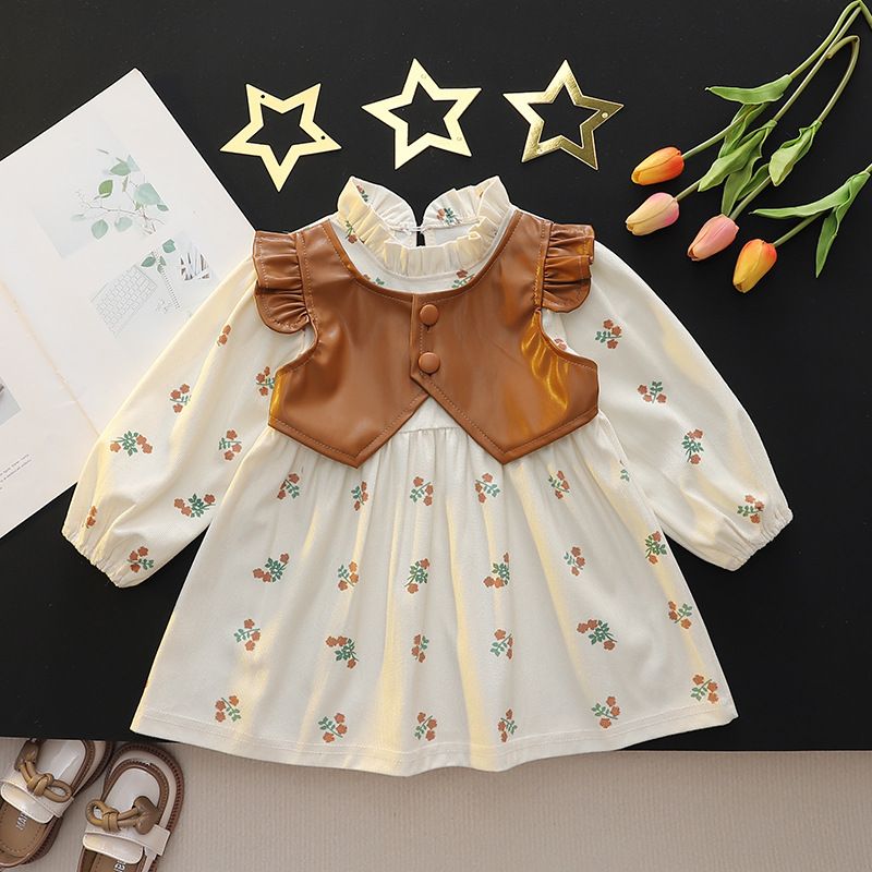 Baby Girls Dress Spring Leather Vest Splicing Skirt Small And Medium Children Printed Princess Dress Girls Casual Long Sleeve Skirt_viptrois.com
