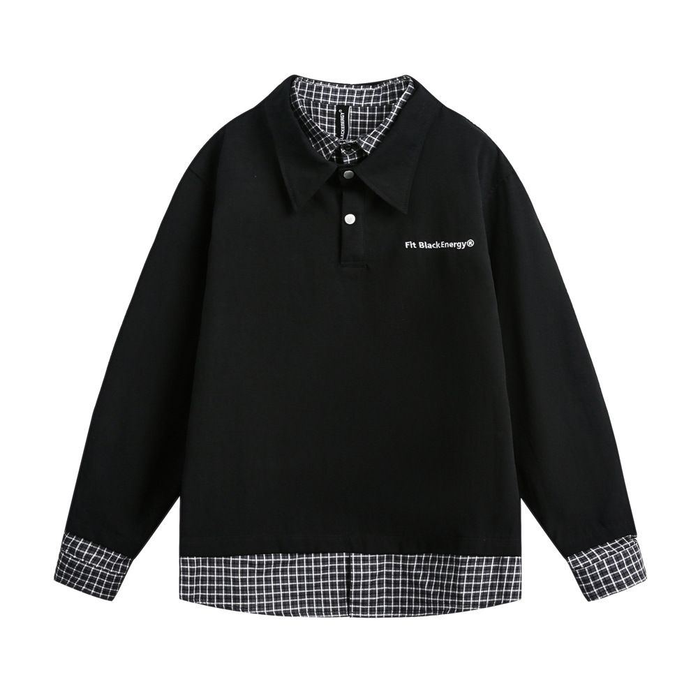 Two-Piece Turn-Down Top Men's Spring And Autumn American Style Trendy Brand Patchwork Plaid Double-Layer Collar_viptrois.com