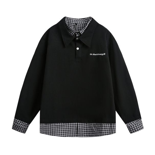Two-Piece Turn-Down Top Men's Spring And Autumn American Style Trendy Brand Patchwork Plaid Double-Layer Collar_viptrois.com