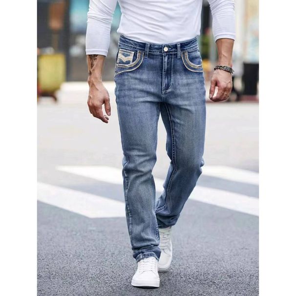 Men's Slim Fit Stretch Denim Jeans - Classic Blue Washed Straight Leg Pants With Embroidery Detail (S-2XL, Blue/Light Blue)_viptrois.com