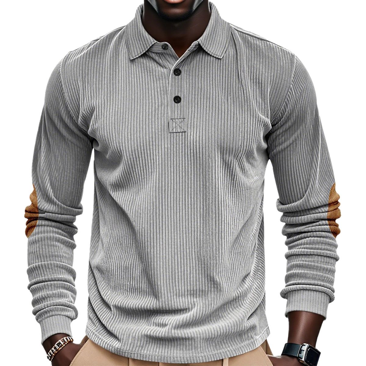 Men's Retro Corduroy Loose Casual Lapel Long Sleeved Shirt Patch Polo Shirt_viptrois.com
