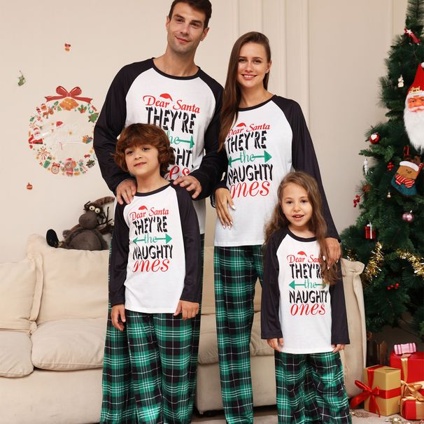 Family Christmas plaid letter cartoon family Christmas printed home dress pajamas_viptrois.com