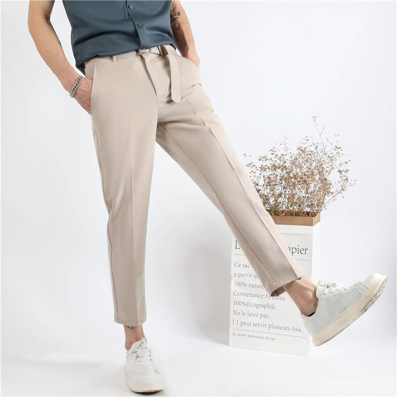 Men's Slim Fit Cropped Dress Pants, Lightweight & Wrinkle-Free, Casual Office Trousers With Button Detail (Khaki/Medium Gray)_viptrois.com